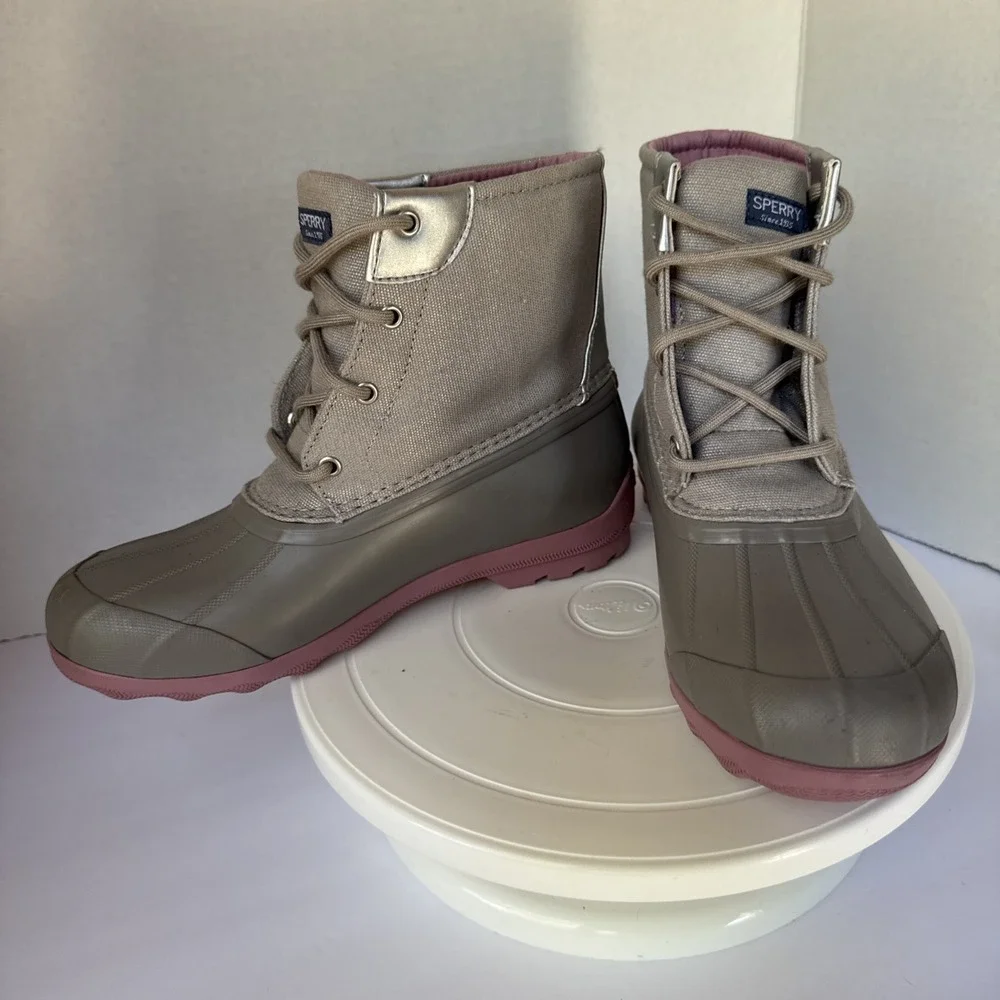SPERRY Kids Port Duck Boots Girls 5M Grey Pink Water Resistant Weather Rain Snow